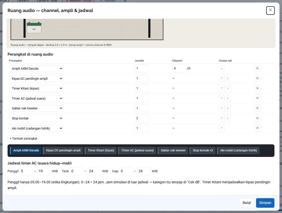 Bagian bawah dialog: daftar perangkat, rak, dan Jadwal timer AC (suara hidup–mati).