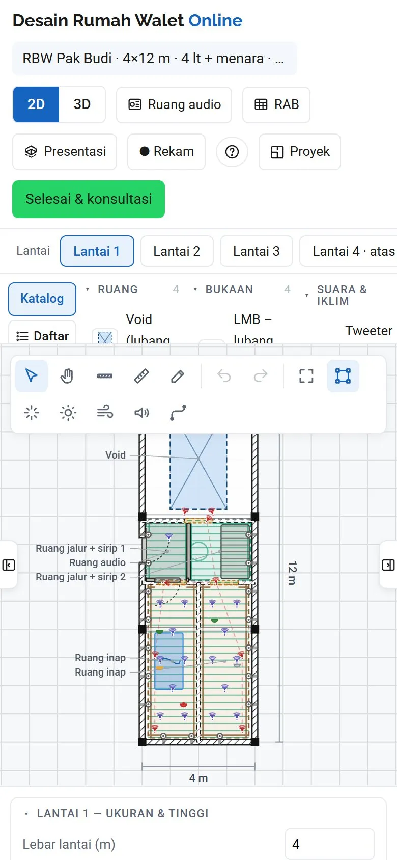 Tampilan di HP (layar 390 px): bilah atas, tab lantai, dan katalog bisa digeser ke samping.